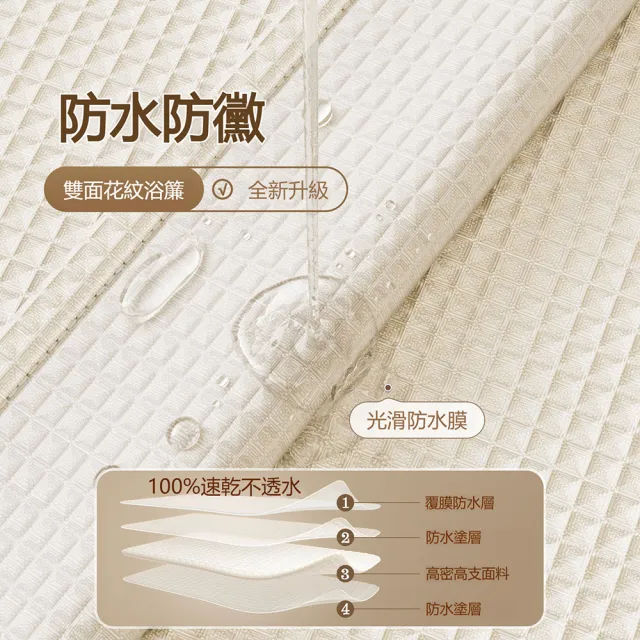 【The rare】覆膜防水防黴磁吸華夫格浴簾 180x200cm (加厚隔斷簾/免鑽孔乾溼分離/附掛環