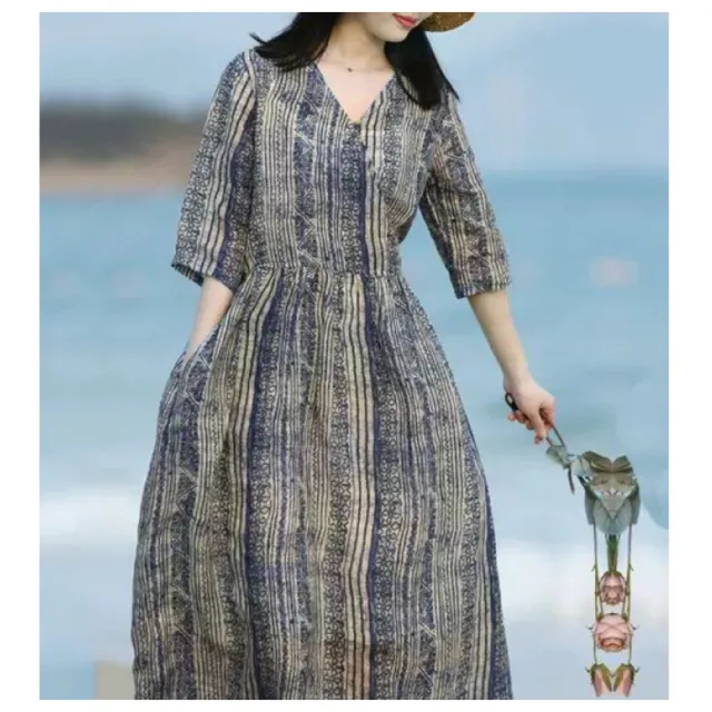 【ASister 小姊姊】AS2623#女裝｜洋裝☆中大尺碼五分袖慵懶條紋側口袋連身裙(M-2XL)