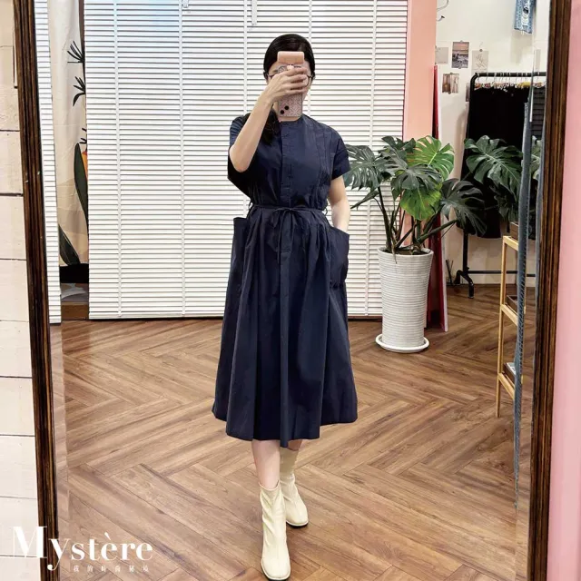 【my stere 我的時尚秘境】雙11 純棉大口袋綁帶連身裙 兩色可選 純棉連身裙 純棉洋裝 挺版連身裙