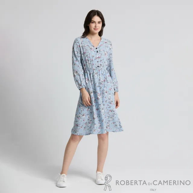 【ROBERTA 諾貝達】莫內花園迷霧藍調高腰縮褶澎袖印花連身裙 DBJ58-31