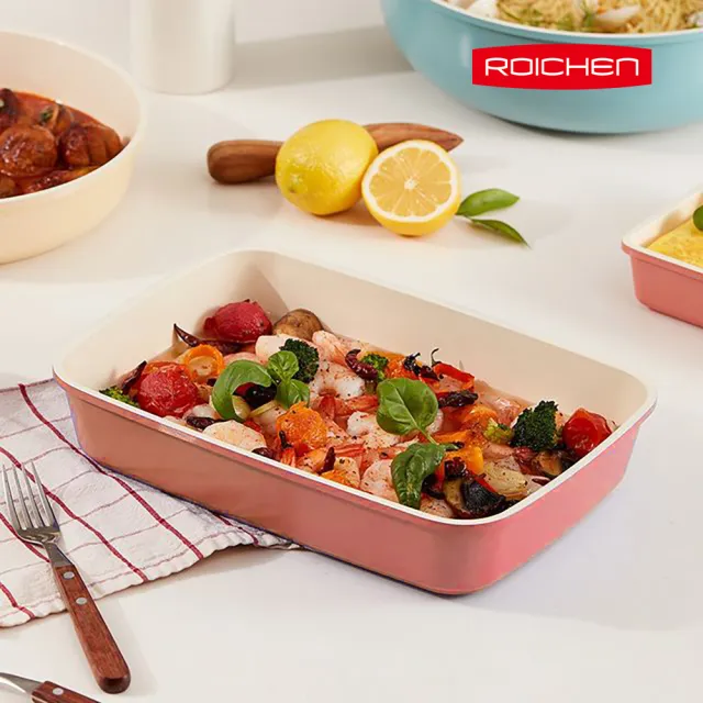 【Roichen】韓國製 29cm方型煎烤鍋+可拆把手(IH爐 全火源適用 露營 輕量鍋陶瓷塗層不沾鍋)