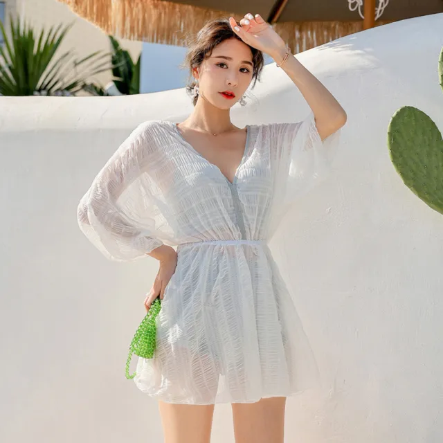 【TING BRA 婷姐內衣】女泳裝 三件式 大尺碼 美背鋼圈款木耳邊高腰外罩衫三件式泳衣(白色 M-3XL)