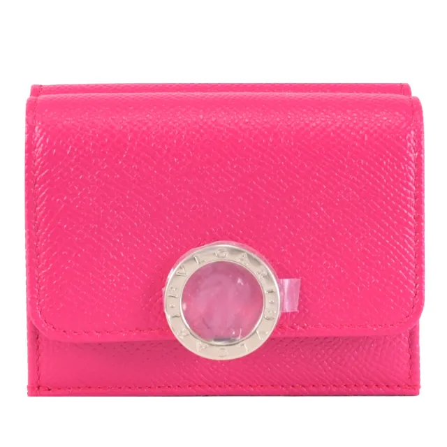 【BVLGARI 寶格麗】金屬釦LOGO小牛皮三折雙面小零錢短夾(桃粉)