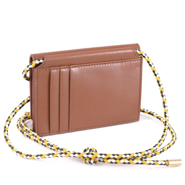 【PRADA 普拉達】經典三角LOGO鍊條掛飾L型鈔票零錢短夾(咖)