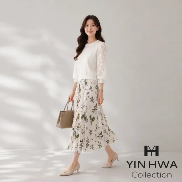 【YIN HWA 盈樺】C`EST MOIJEU 簡約優雅蕾絲壓花針織拼接上衣