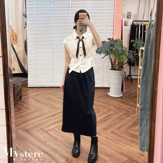 【my stere 我的時尚秘境】百搭鬆緊綁帶直筒裙 藏青 鉛筆裙 尼龍裙 修身長裙