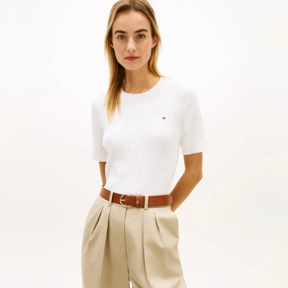 【TOMMY HILFIGER】官方旗艦館絞花針織短袖針織上衣_裸色