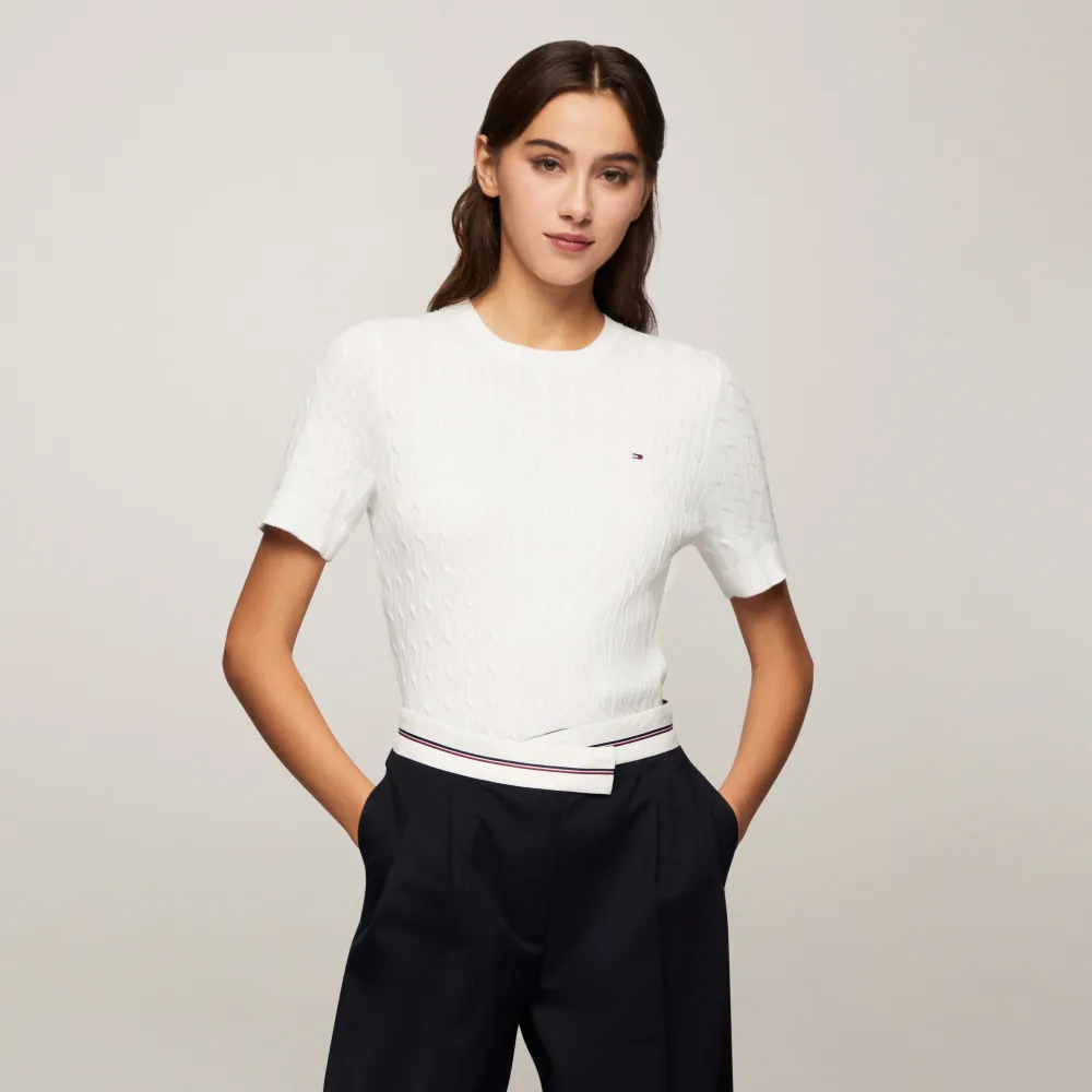 【TOMMY HILFIGER】官方旗艦館 Jenny 絞花針織短袖毛衣_白色