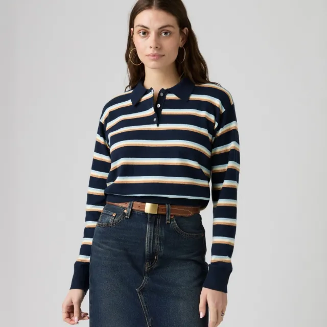 【LEVIS】條紋長袖Polo衫 / 微彈性 女生上衣 人氣新品 007VY-0004
