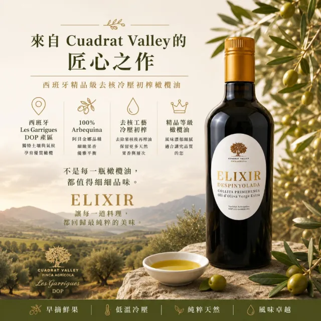 【CUADRAT VALLEY】艾利爾去核特級冷壓初榨橄欖油 500ml(豐富且獨特的風味)雙11