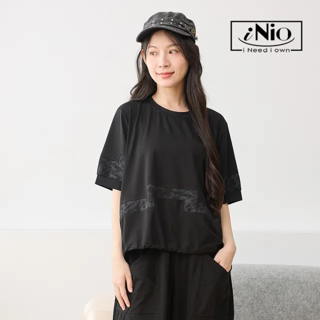 【iNio 衣著美學】材質拼接抽繩縮口短袖上衣 女短袖上衣 異材質拼接 抽繩縮口 圓領棉T  CHW1082