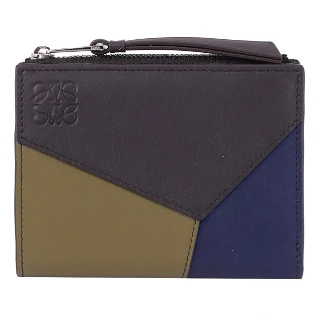 【LOEWE 羅威】PUZZLE 經典烙印LOGO撞色拼接扣式零錢短夾(綠藍)