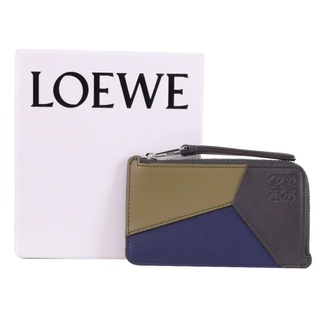 【LOEWE 羅威】PUZZLE  經典烙印LOGO撞色拼接信用卡證件零錢包(綠藍)