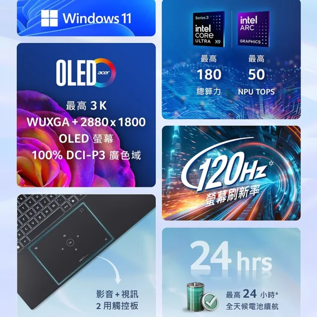 【Acer 宏碁】16吋Ultra X9 3K OLED輕薄AI筆電-鈦金灰(SFG16-I71-94JT/Ultra X9-388H/32G/1TB/W11)