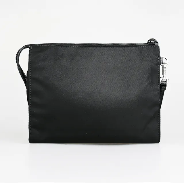 【PRADA 普拉達】PRADA 經典三角鐵牌LOGO尼龍可拆式腕帶拉鍊手拿包(黑)