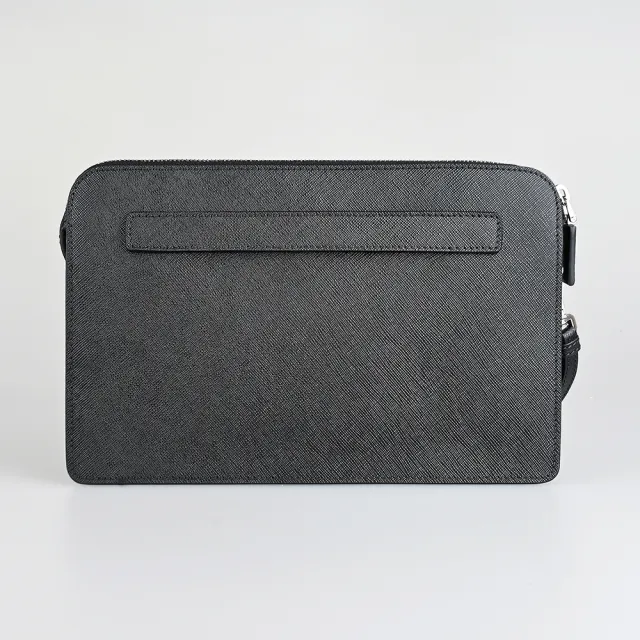 【PRADA 普拉達】PRADA 經典三角鐵牌LOGO Saffiano系列牛皮防刮拉鍊手拿包(黑)