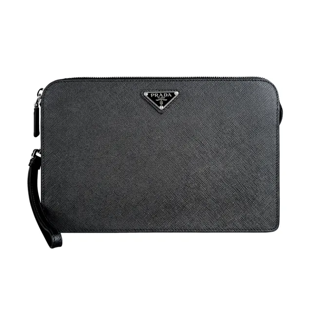 【PRADA 普拉達】PRADA 經典三角鐵牌LOGO Saffiano系列牛皮防刮拉鍊手拿包(黑)