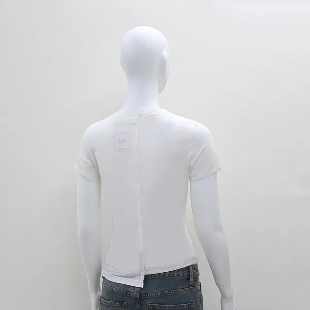 【Y-3 山本耀司】Y-3經典LOGO彈性纖維漸層色不對稱領口短袖T恤(女款/粉筆白)