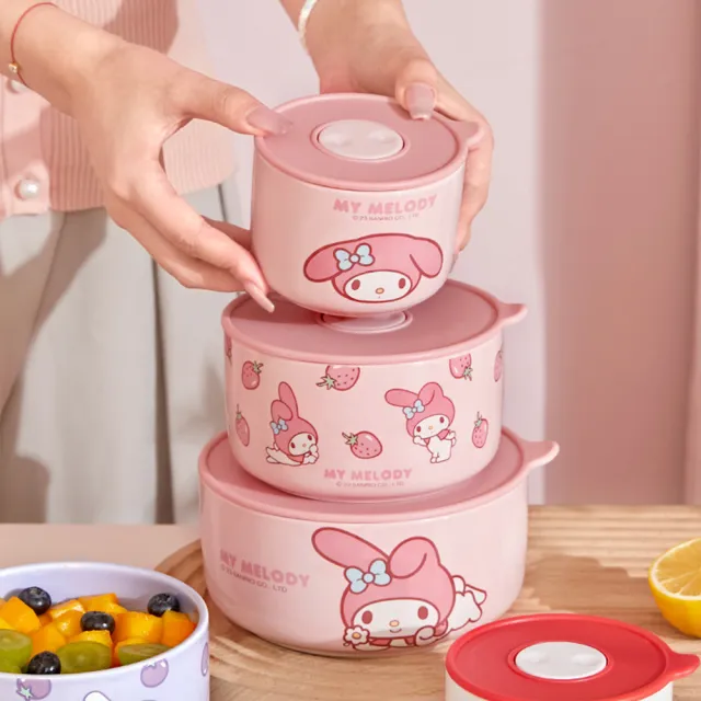 【SANRIO 三麗鷗】美樂蒂大耳狗凱蒂貓陶瓷帶蓋密封保鮮碗(小款 可微波)