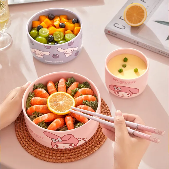 【SANRIO 三麗鷗】美樂蒂大耳狗凱蒂貓陶瓷帶蓋密封保鮮碗(小款 可微波)