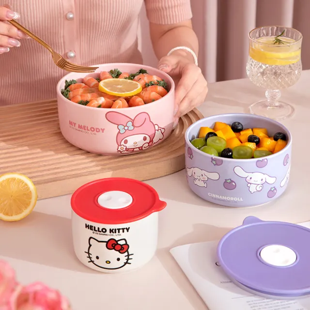 【SANRIO 三麗鷗】美樂蒂大耳狗凱蒂貓陶瓷帶蓋密封保鮮碗(小款 可微波)