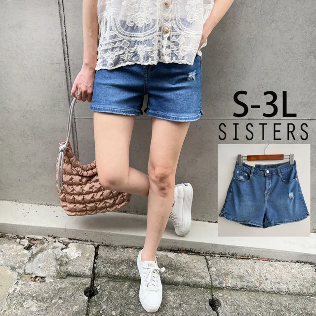 【SISTERS】小男友刷破感後鬆緊腰牛仔褲 短褲/S-3L(牛仔褲/丹寧/短褲/顯瘦/下著/褲裝)