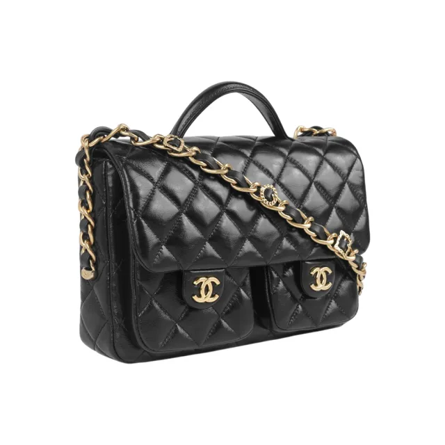 【CHANEL 香奈兒】CC Logo 雙口袋翻蓋手提/斜背二用郵差包_展示品(黑色)