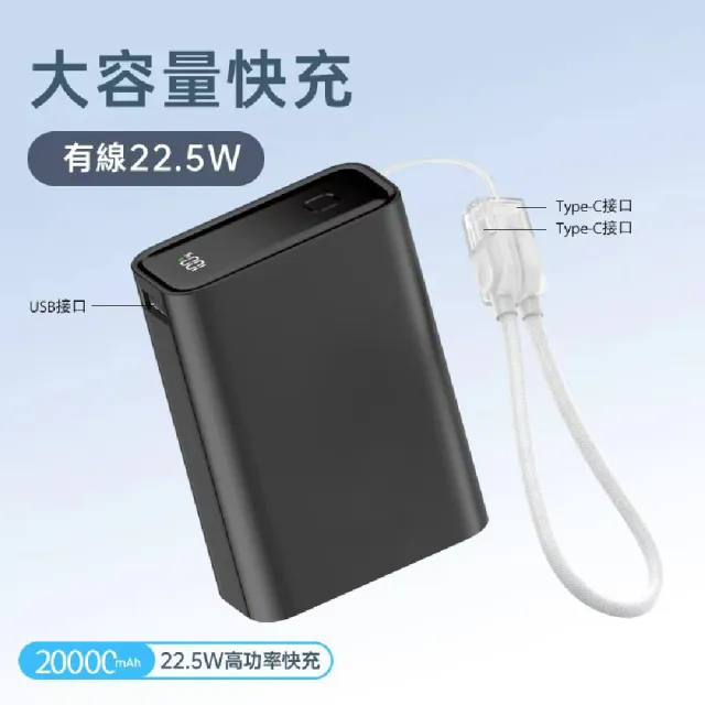 D080P 20000mah數顯行動電源(22.5W Type-C雙向快充 LED數位電量顯示 附掛繩充電線)