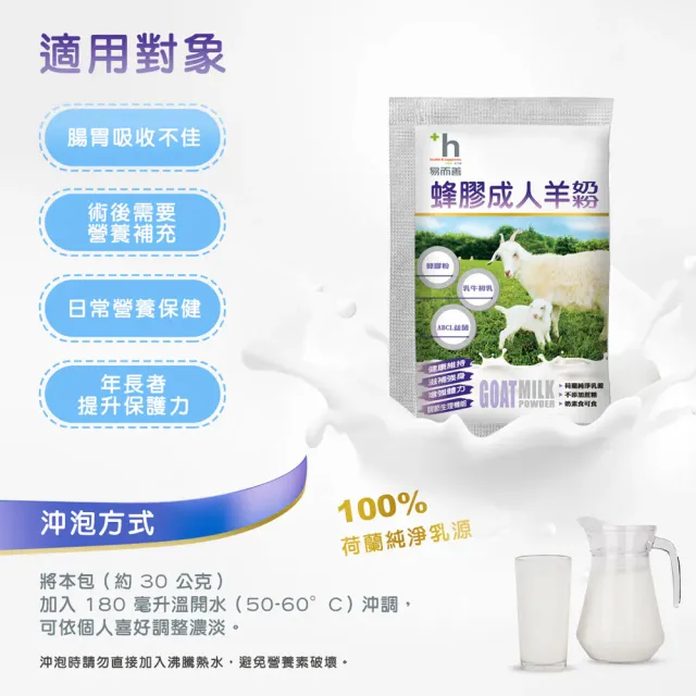 【易而善】蜂膠成人羊奶粉30g×14入/盒(荷蘭羊乳/ 蜂膠/初乳蛋白/乳鐵蛋白/三重防護配方/高鈣/乳酸菌)