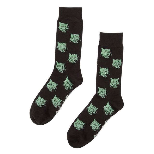 【Onitsuka Tiger】鬼塚虎-黑色滿版綠虎頭圖紋中筒襪(3183A948-202)