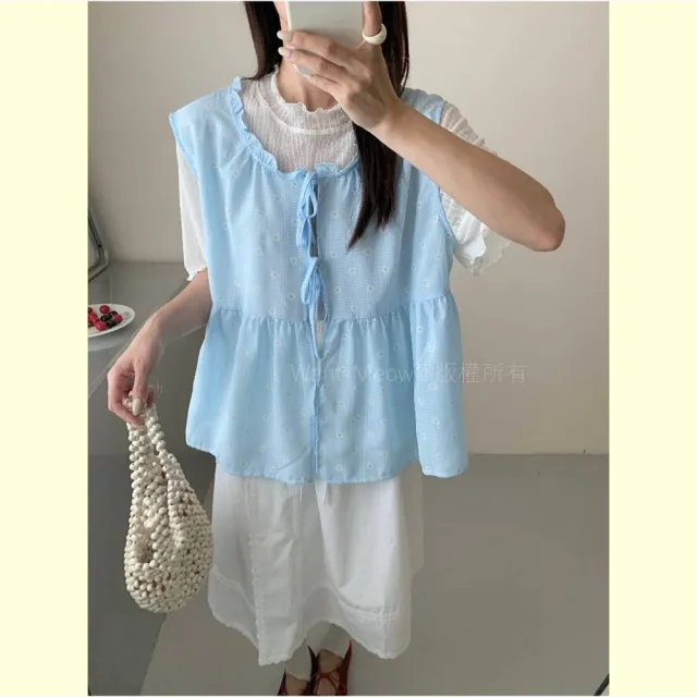 【Want-Meow】90公斤可穿/日系大胸可質感寬肩帶小花透膚綁帶雪紡背心(大碼上衣/大碼/大尺碼/綁帶背心)