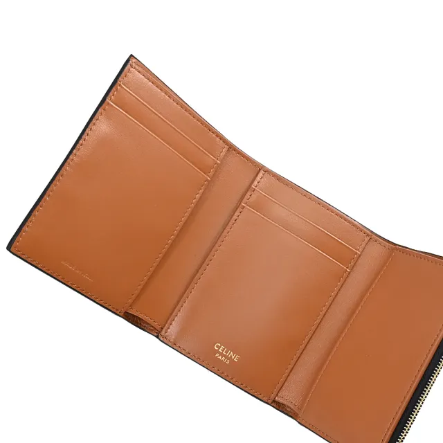 【CELINE】Triomphe Canvas 金屬LOGO印花拼接扣式三折零錢短夾(深咖)