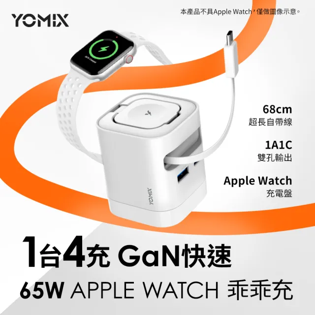【YOMIX 優迷】65W氮化鎵四合一手錶自帶線快充充電器(Type-C/USB/Apple Watch/筆電快充/豆腐頭/充電頭)