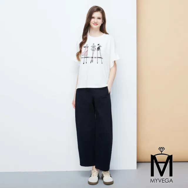 【MYVEGA 麥雪爾】MA涼爽小香風植絨女伶印花落肩蝙蝠袖寬鬆上衣-共三色(日系/女上衣/涼感/短袖)