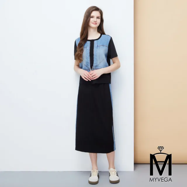 【MYVEGA 麥雪爾】MA真兩件拼接牛仔背心長裙套裝-黑(日系/女上衣/涼感/短袖)