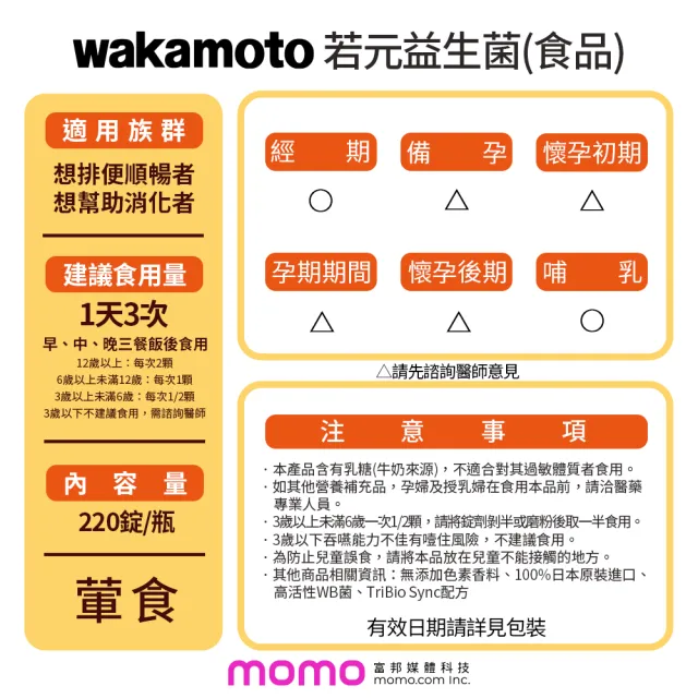 【Wakamoto 若元】若元益生菌_220錠/瓶(食品、獨家高活性WB菌、TriBio Sync配方、使排便順暢、日本原裝)