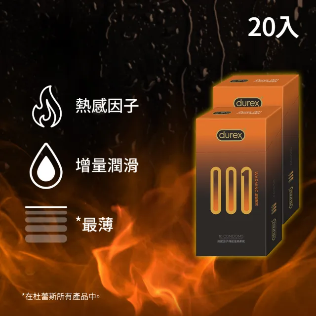 【Durex 杜蕾斯】001水性PU衛生套熱感潤滑裝2盒(共20入 保險套/衛生套/避孕套/安全套/避孕/保險套推薦)
