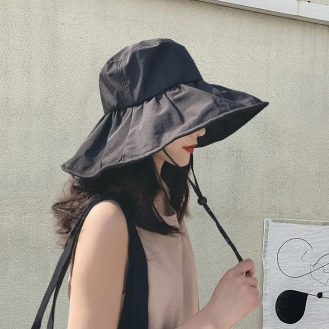【橘魔法】柔美摺皺木耳邊寬帽沿遮陽帽 附防風繩 帽沿軟鐵絲 大帽沿 大人 帽子 遮陽 防曬帽 漁夫帽