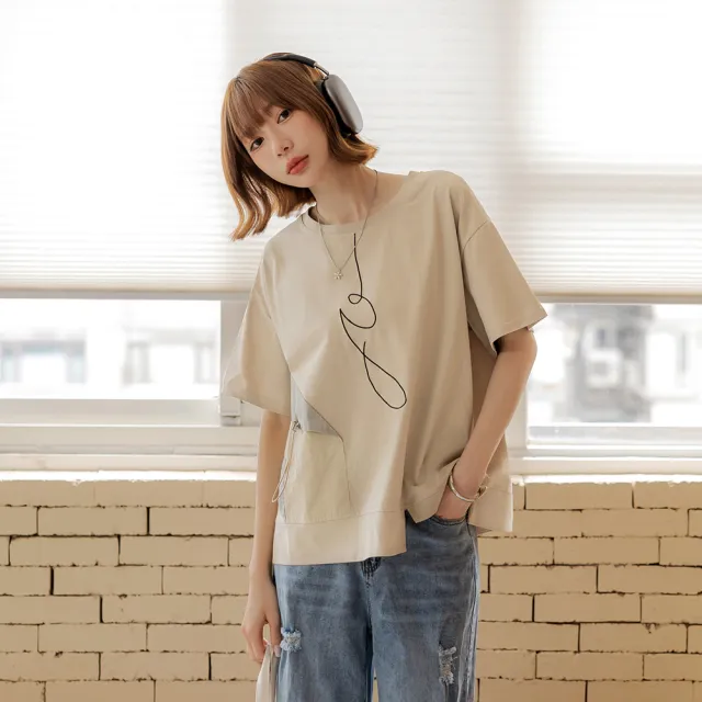 【OB 嚴選】異材質撞色線條刺繡短袖上衣 《AB21408-》 適 M~XL