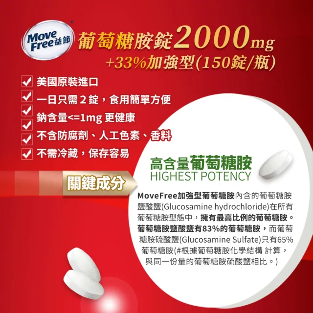 【Move Free 益節】葡萄糖胺錠4瓶(共600錠 葡萄糖胺/葡萄糖胺液/關鍵/保健)