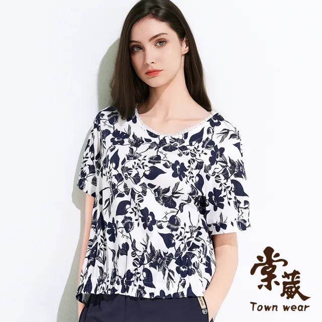【TOWN’WEAR 棠葳】純棉花卉蕾絲滾邊上衣(中大尺碼/女上衣/女上著/棉質/短袖/透膚/蕾絲)