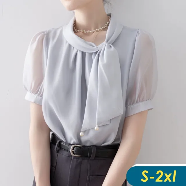 【CHACO】/預購/女夏 霧灰色法式蝴蝶綁帶領透膚短袖上衣襯衫#2965(上衣 襯衫 短袖 女 夏 OL)