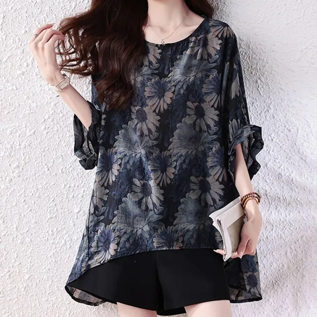 【麗質達人】8294藍色印花上衣-LY (L-5XL)