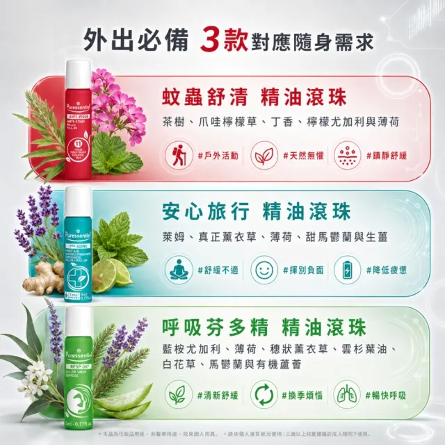 【Puressentiel 璞萃】複方精油滾珠瓶 5ml 2入組(多款任選 複方精油 防蚊/呼吸/頭等暢/安心旅行)
