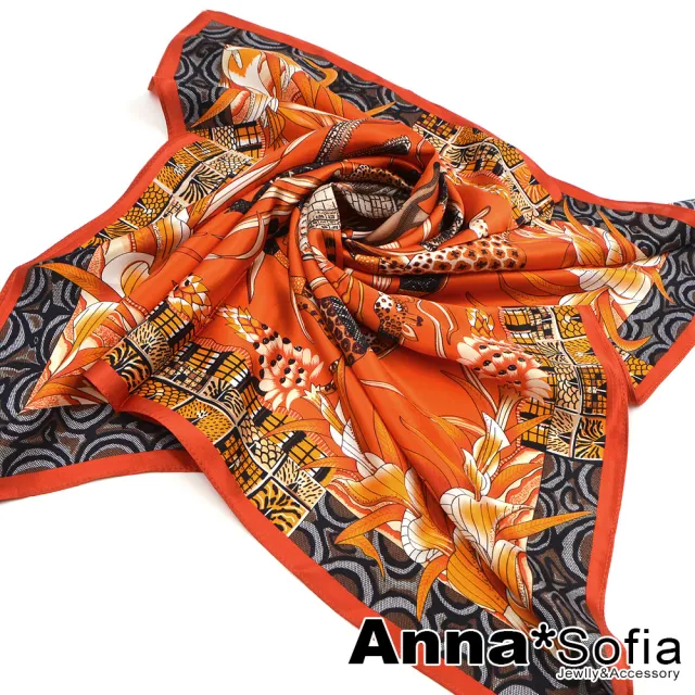 【AnnaSofia】100%桑蠶絲真絲絲巾領巾圍巾-方型 亮緞面(熱帶神祕叢林-橘紅系)