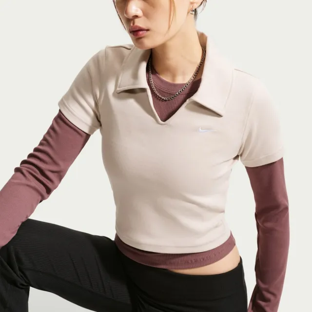 【NIKE 耐吉】短袖上衣 女 短版翻領衫 AS W NSW ESSNTL SS POLO CRP TO 米白 IO2730-236