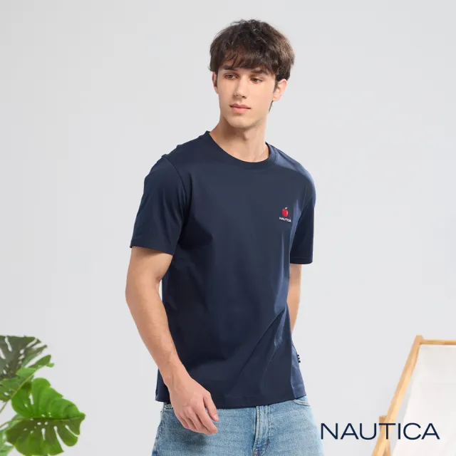 【NAUTICA】Nautica 官方旗艦 男裝 蘋果圖騰刺繡涼感短袖T恤-藍色
