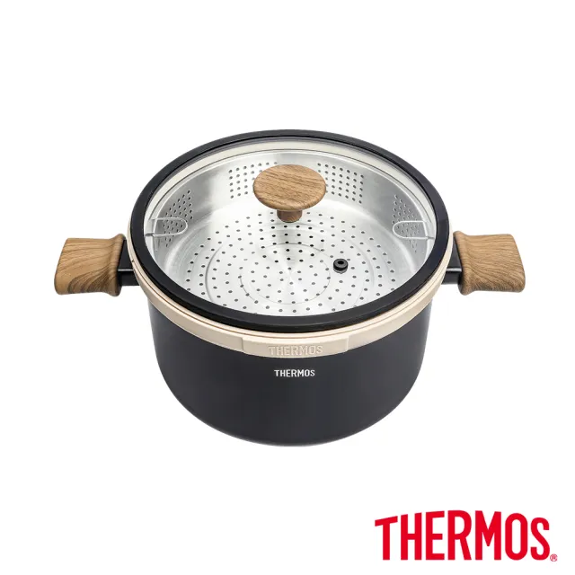 【THERMOS 膳魔師】蒸煮瀝三合一雙耳附蓋多功能湯鍋24cm(TNP-W24-BK)
