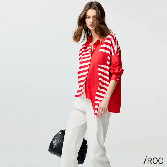 【iROO】不規則立裁剪接紅白條襯衫
