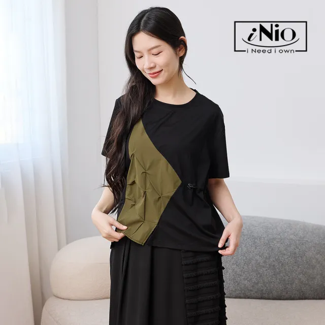 【iNio 衣著美學】單側壓褶拼接短袖上衣 女短袖上衣 不對稱上衣 腰間抽繩上衣 設計感棉T  CHW1085